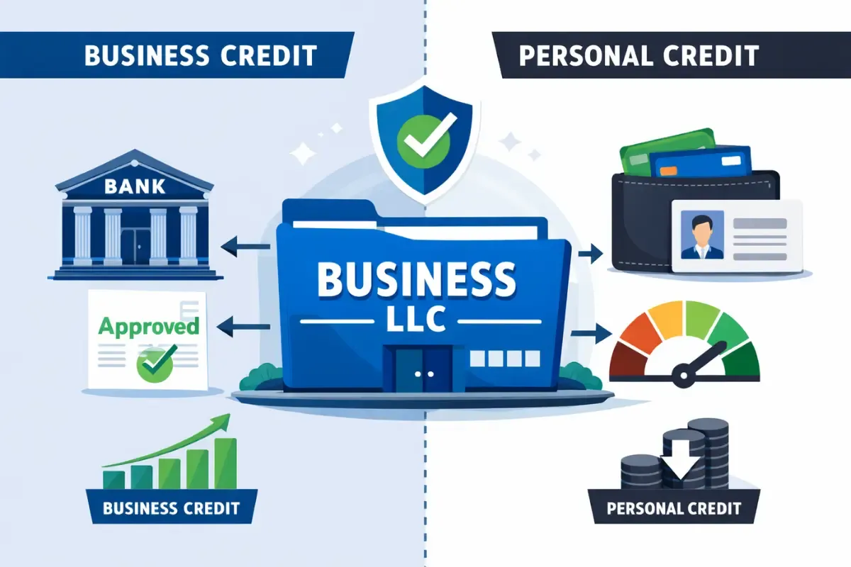 access-to-business-loans-and-credit.webp Access to business loans and credit benefits of forming an LLC showing business credit separation from personal credit and advantages of LLC over sole proprietorship.