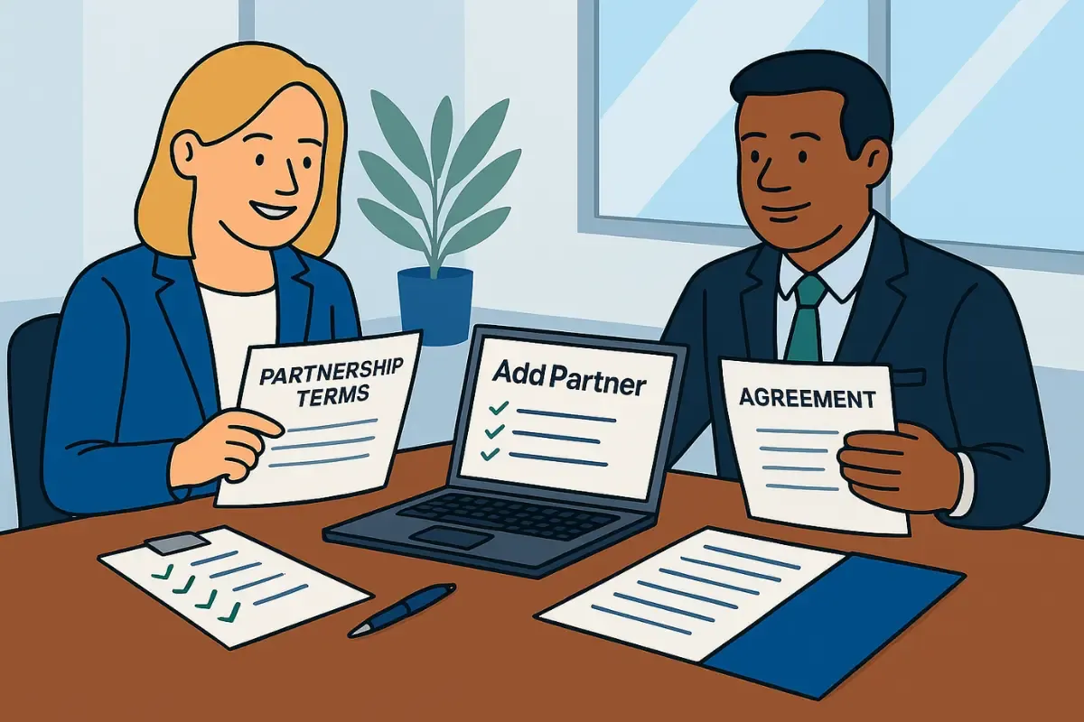 add-business-partner.webp Two business professionals reviewing documents labeled partnership agreement, add partner, and terms, representing how to add a business partner in an LLC.