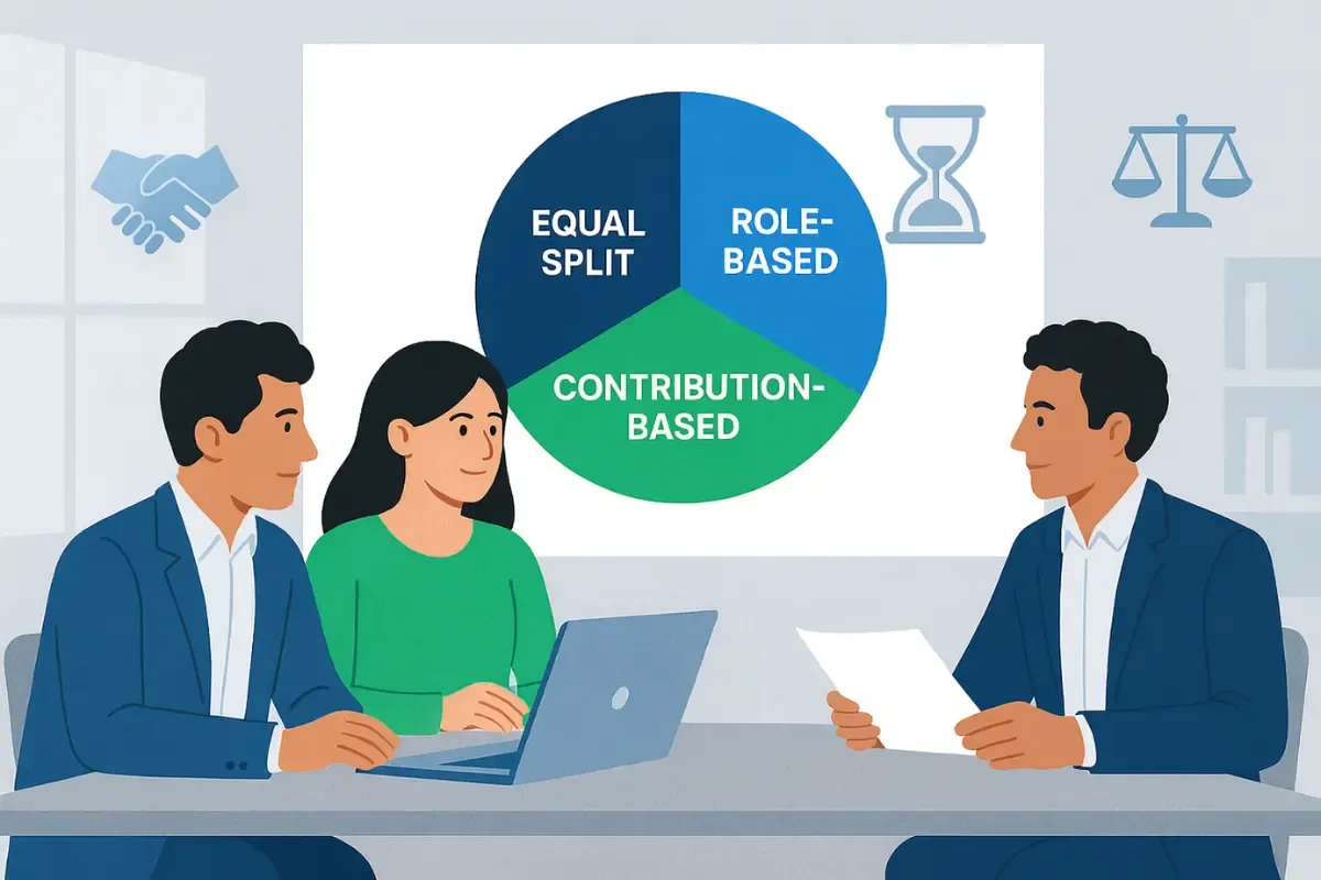 addressing-equity-and-ownership-distribution.webp Startup founders discussing equity split options including equal role-based and contribution-based distribution.