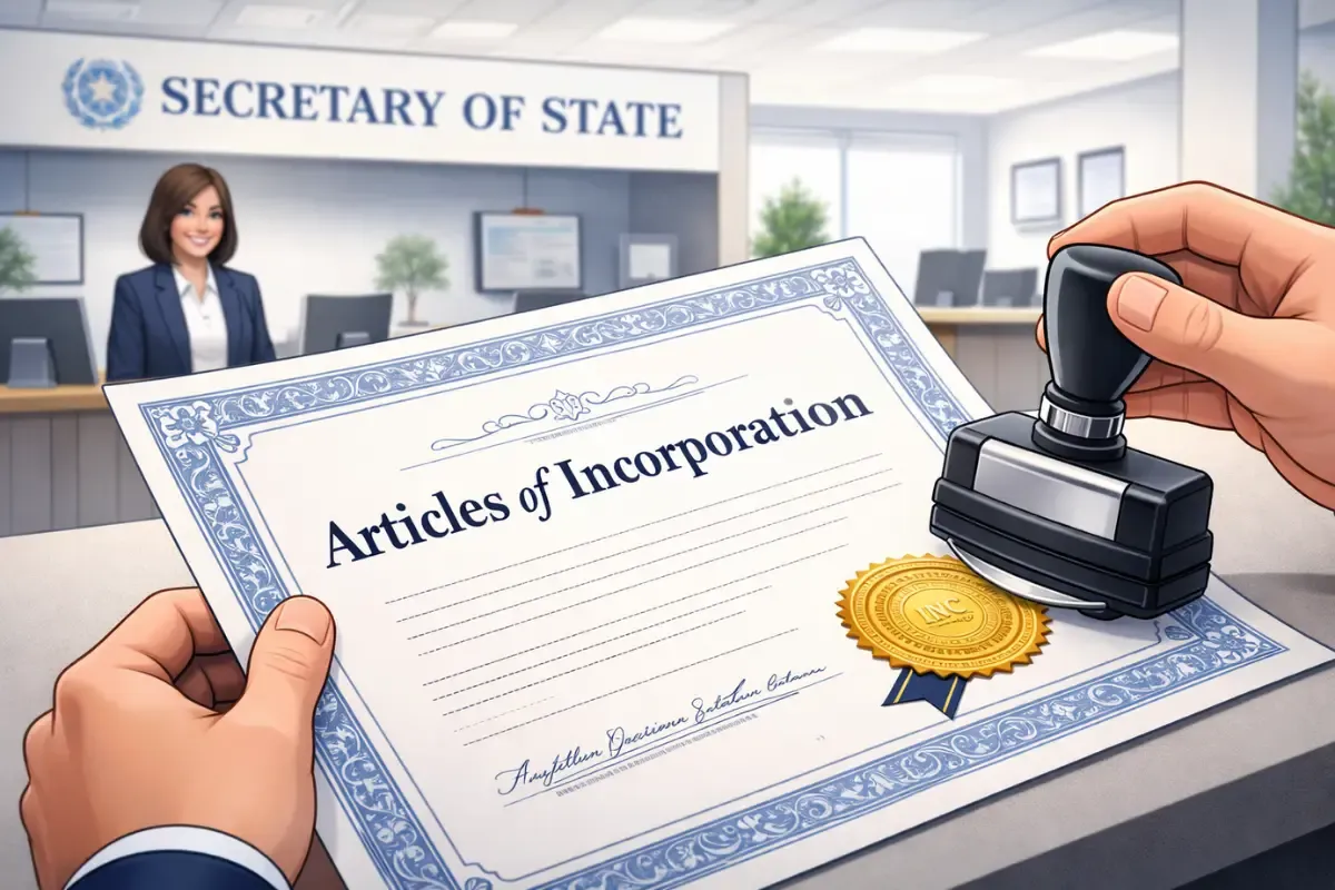 articles-of-incorporation.webp Articles of Incorporation document being stamped and filed with the Secretary of State as the foundational corporate formation document required to incorporate a business and establish a corporation as a separate legal entity.