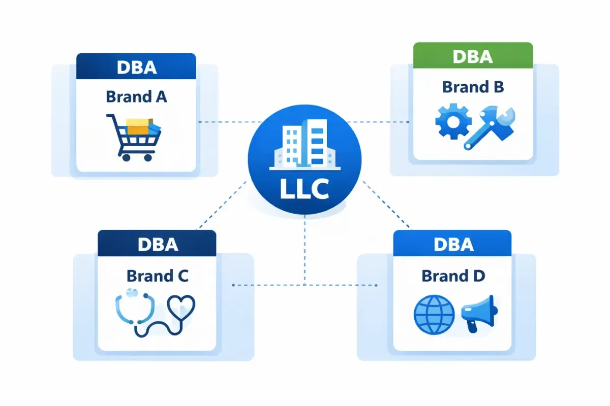 benefit-from-using-both-llc-and-dba.webp Benefits of LLC vs sole proprietorship showing how one LLC can operate multiple DBA brands for flexibility while maintaining liability protection.