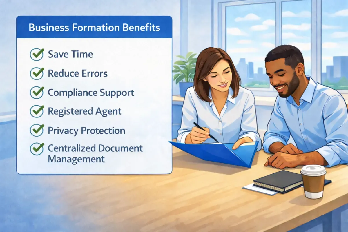 benefits-of-a-professional-business-formation-service.webp Benefits of professional business formation services infographic showing how startups save time, reduce errors, and get compliance support, registered agent, privacy protection, and document management