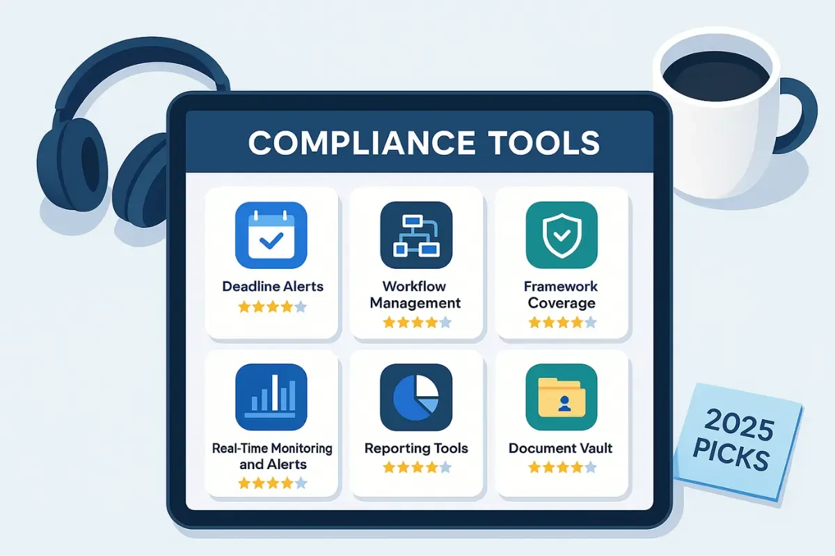 best-compliance-tools-for-smbs.webp Best compliance tools dashboard for small businesses in 2025 showing key features like workflow management, deadline alerts, and framework coverage with star ratings.