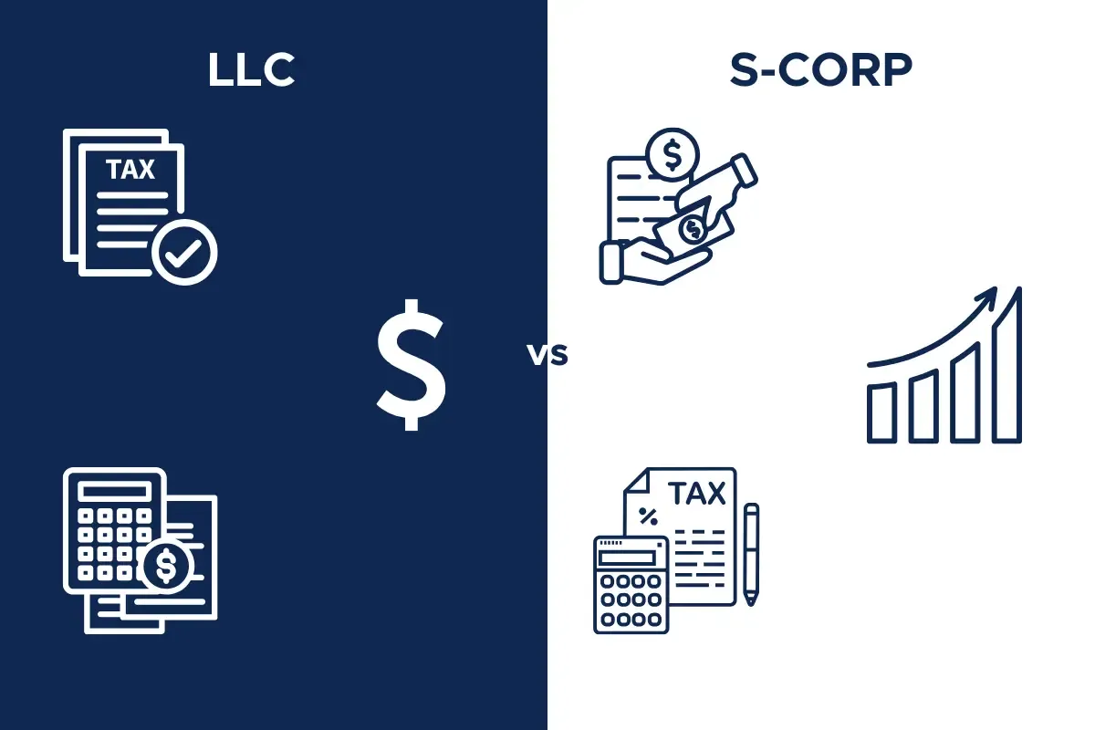 Split screen graphic,LLC vs S-Corp business structure comparison showing tax benefits financial savings and growth potential for entrepreneurs choosing business entity