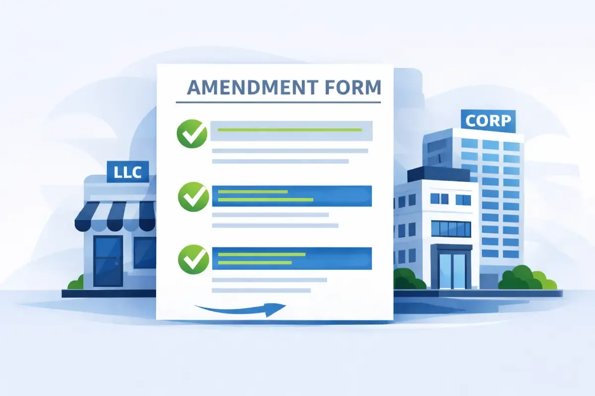 business-amendment-form-completion.webp How to file a business amendment showing business amendment filing process for LLC amendment form and corporation updates