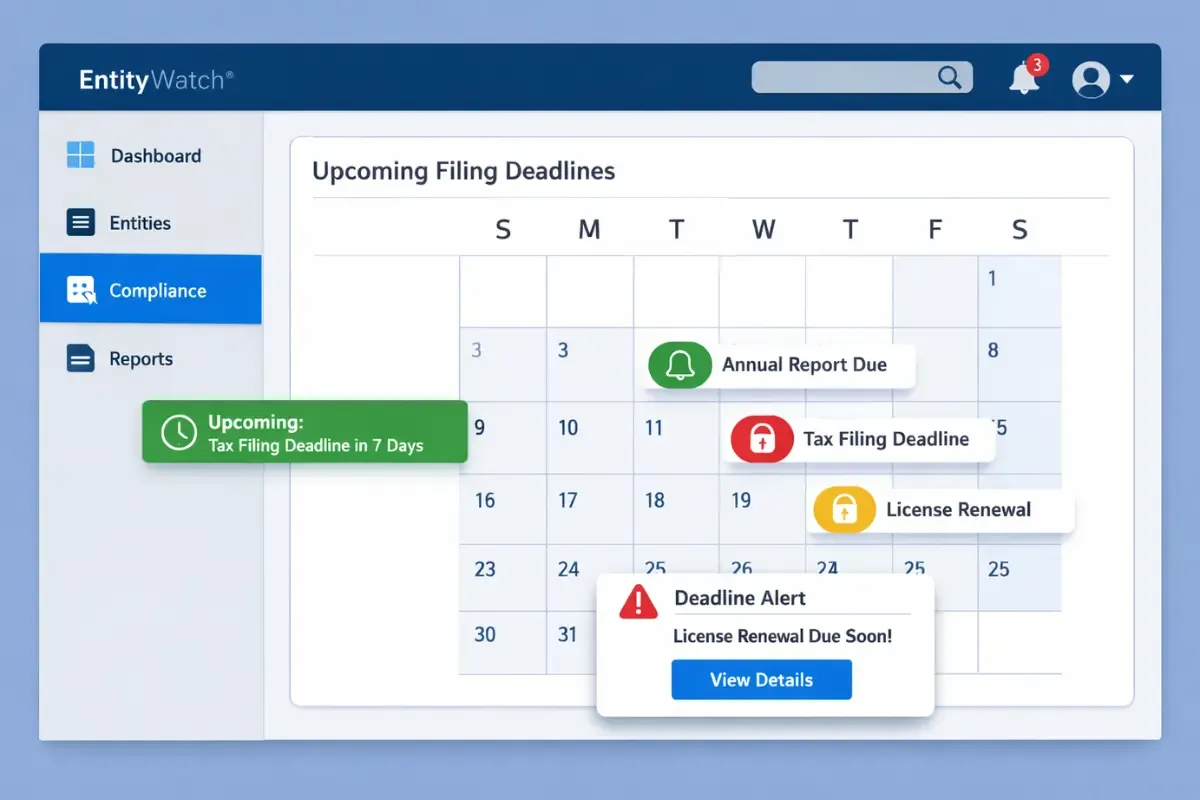 EntityWatch compliance dashboard showing upcoming filing deadlines for annual reports, tax filings, and license renewals for LLC registered agent requirements.