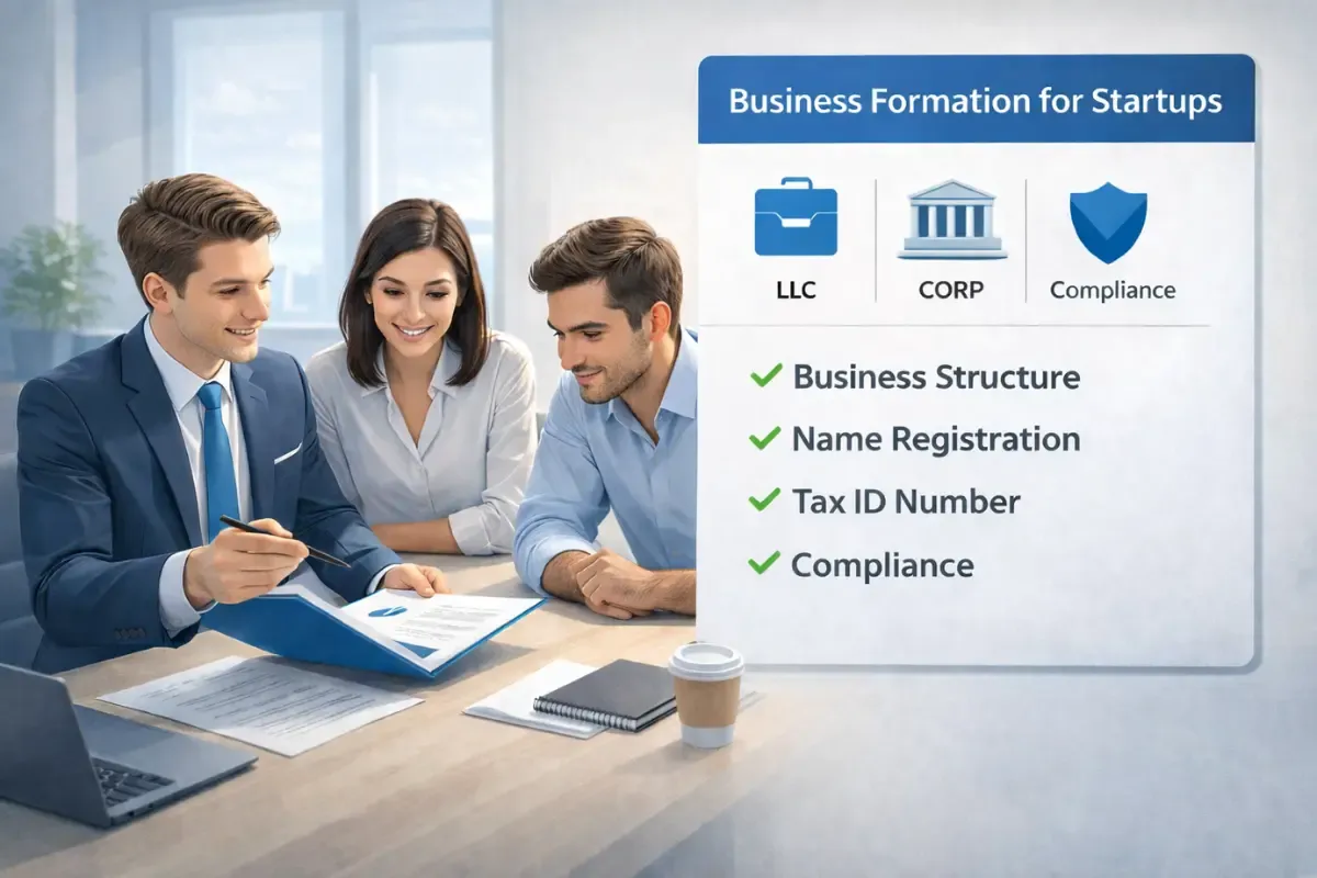 business-formation-services-guide.webp Business formation services guide for startups showing LLC formation, corporation incorporation, name registration, tax ID number, and compliance support options