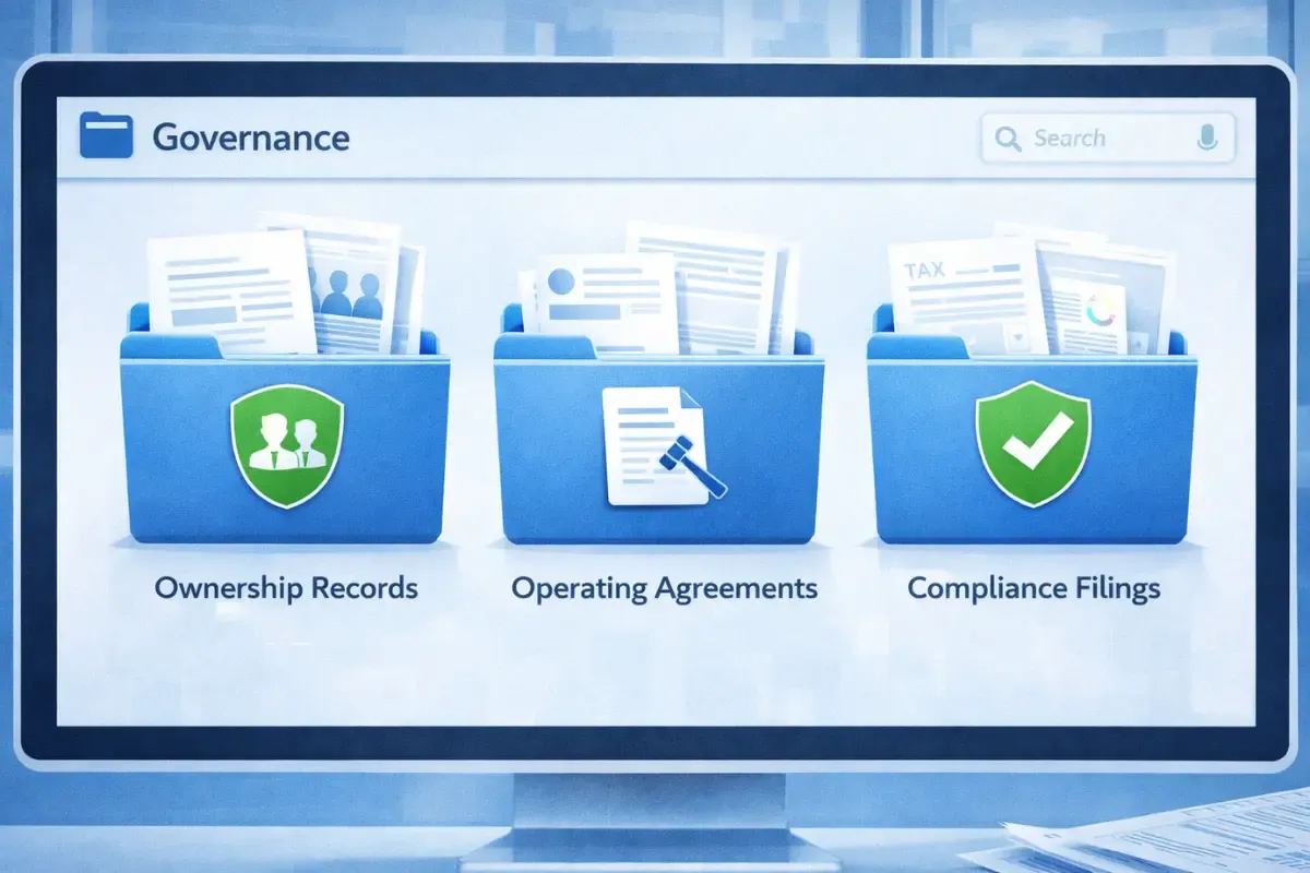 business-governance-documentation.webp Business governance documentation system showing organized folders for ownership records, operating agreements, and compliance filings to meet corporate transparency and beneficial ownership reporting requirements
