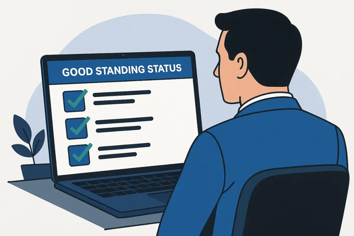 business-in-good-standing.webp Business owner checking good standing status online to maintain business compliance with annual report filing requirements