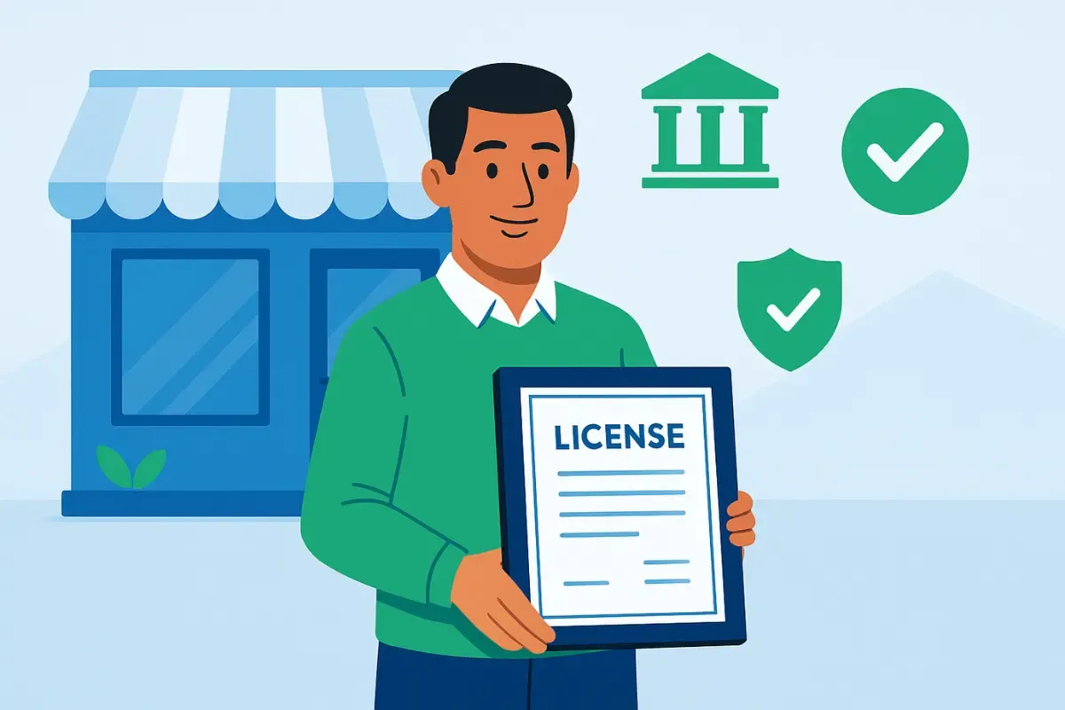 business-licensing-what-it-is-and-when-you-need-it.webp Small business owner holding approved business license certificate showing compliance with local and state requirements