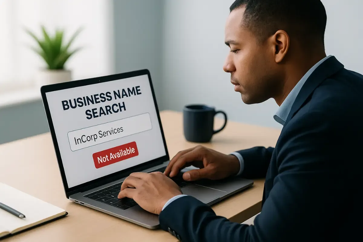 business-name-availability-img.webp Business owner conducting business name search showing InCorp Services name availability check and verification results for company registration.