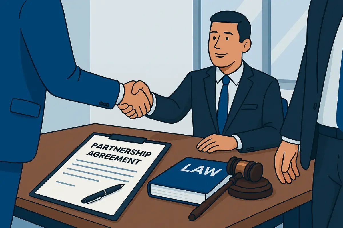 business-partner-agreement-add-remove-llc-buyout-dissolution.webp Two business professionals formalizing a partnership agreement at a desk with legal documents.
