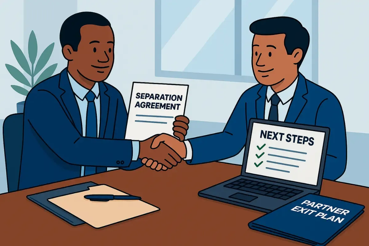 business-partner-separation-agreement.webp Two business professionals shaking hands over a signed separation agreement, symbolizing a respectful LLC partner removal or business partner buyout during a partnership dissolution.