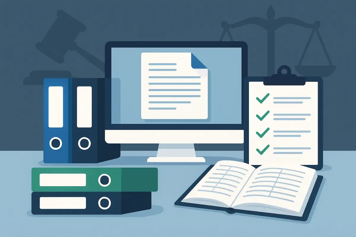 business-record-keeping-for-legal-compliance.webp Business record keeping system showing legal record keeping with digital files, physical folders and compliance checklist