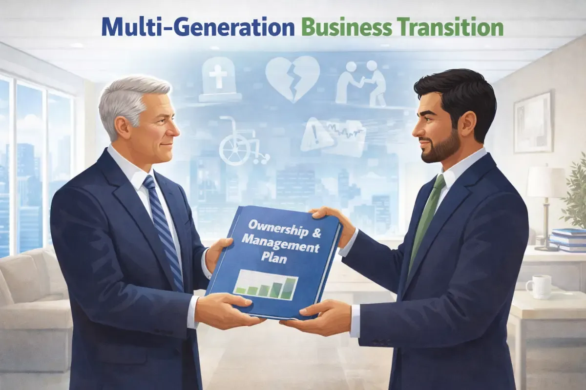 Multi-gen LLC succession: ownership & management plan passed from senior owner to successor, ensuring business continuity, asset protection, estate planning & buy-sell agreements.