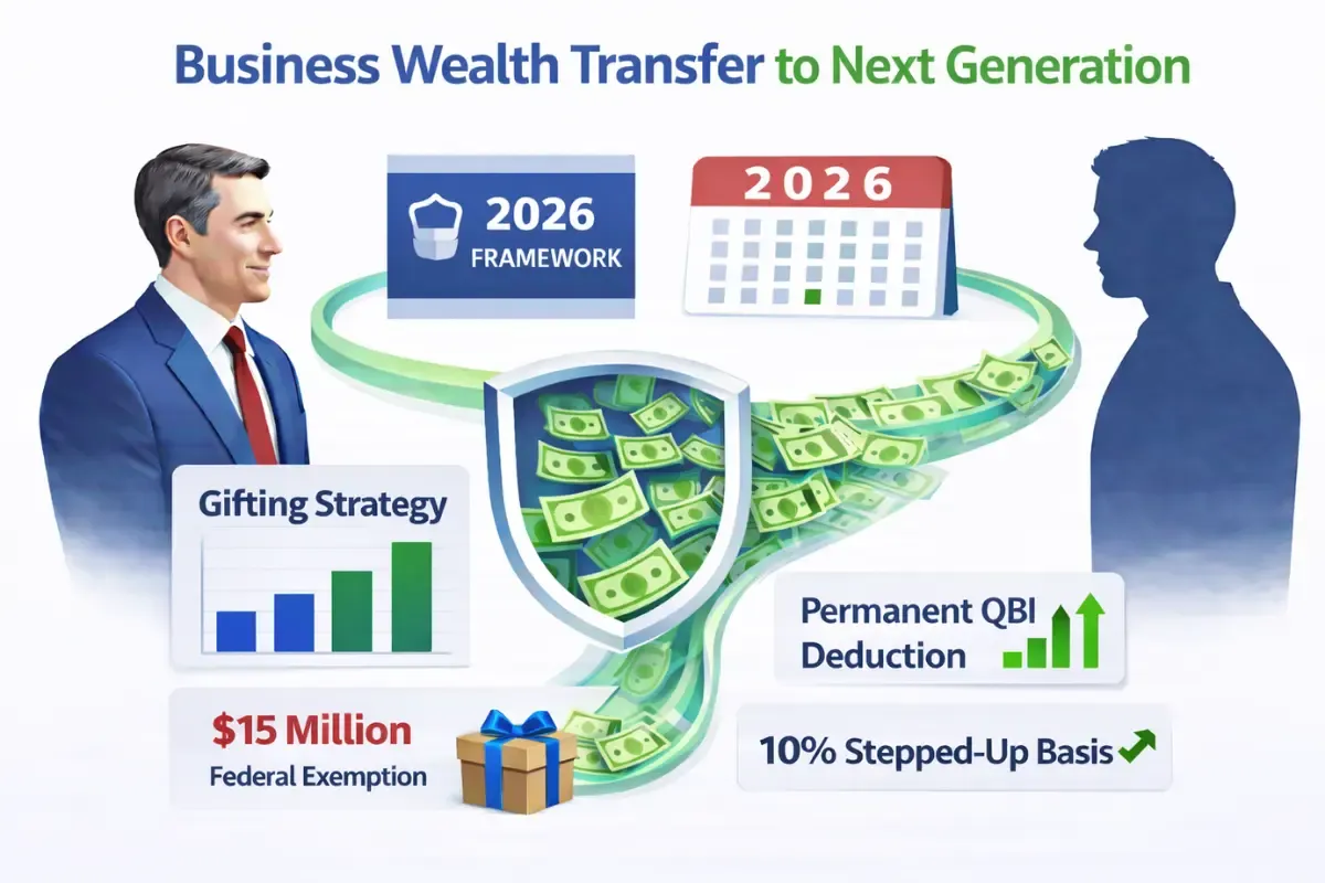 Infographic 2026 estate planning for business wealth transfer-gifting strategy, federal exemption, QBI deduction & stepped-up basis for family business succession and LLC ownership transfer.