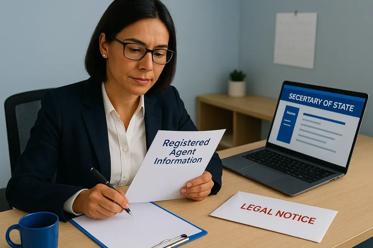 can-i-be-my-own-registered-agent.webp Business owner working as own registered agent reviewing legal notices and Secretary of State requirements for self-serve registered agent responsibilities.