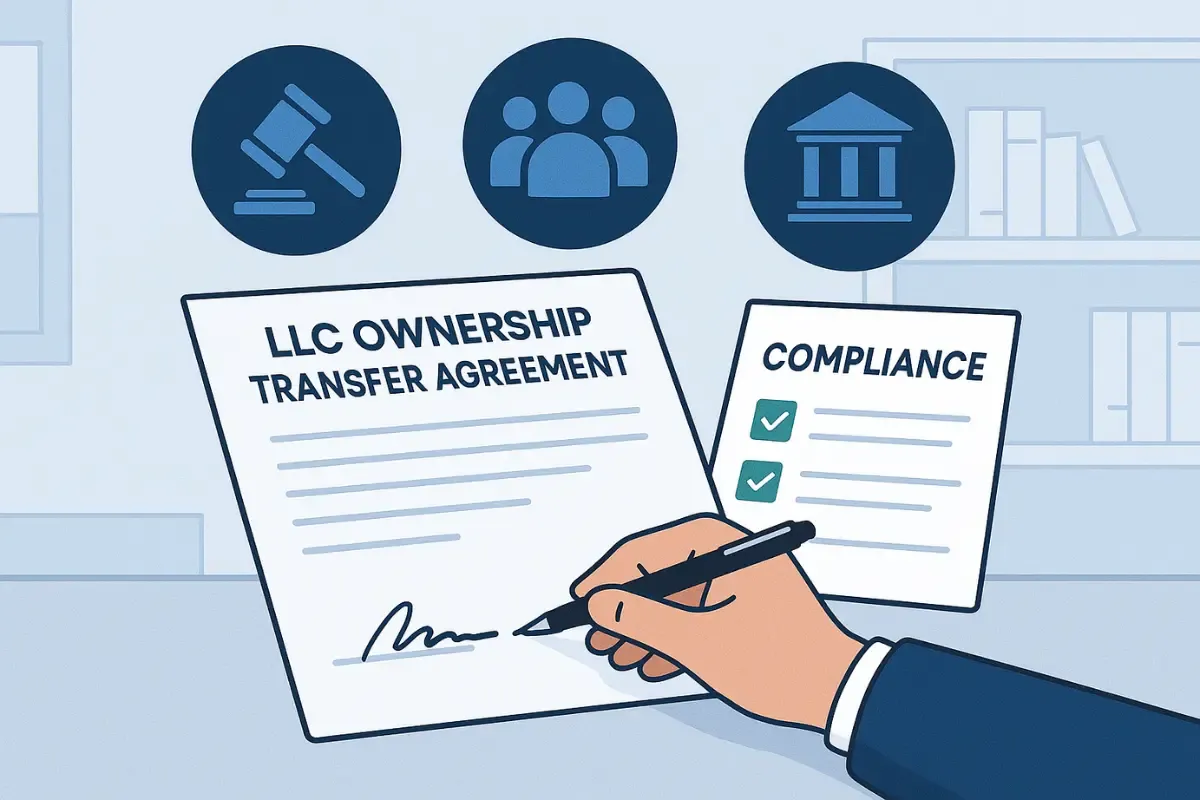 can-you-legally-transfer-llc-ownership.webp LLC ownership transfer agreement being signed with compliance checklist and legal requirements icons
