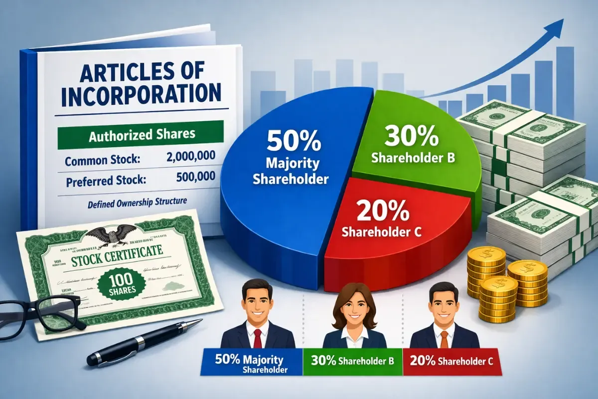 capital-structure-and-stock-authorization.webp Articles of Incorporation showing capital structure and stock authorization with authorized common and preferred shares, defined ownership structure, and shareholder equity breakdown required as part of incorporation filing requirements.