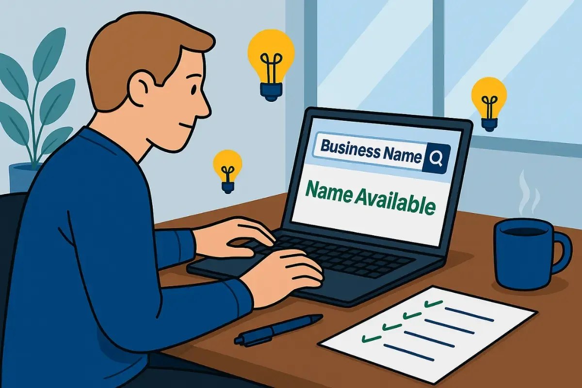 check-business-name-availability.webp Entrepreneur checking business name availability online showing name available search results and business name verification checklist process.