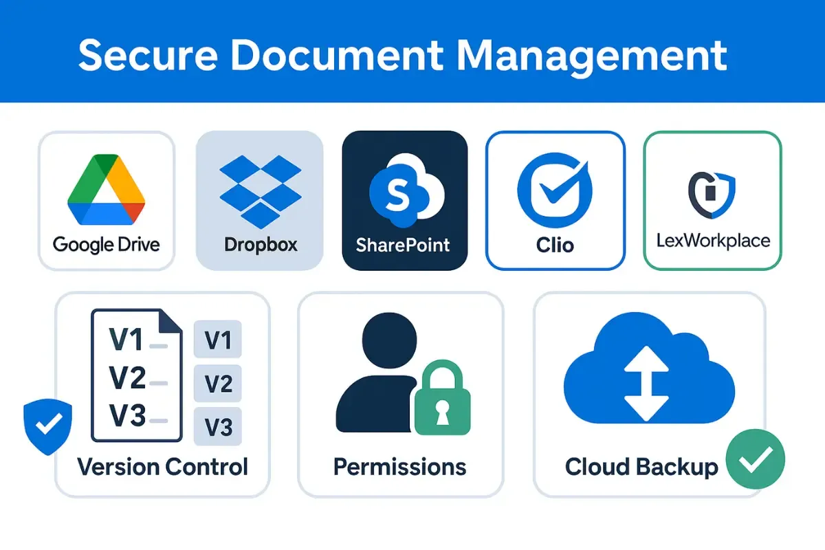 choose-the-right-document-management-tools.webp Document management software platforms including Google Drive, Dropbox, SharePoint, Clio and LexWorkplace with version control and security features.