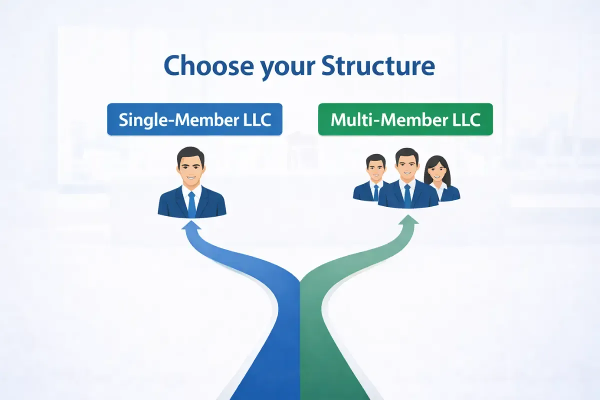 choose-your-business-structure.webp Decision diagram for choosing between single-member LLC vs multi-member LLC ownership structure with one owner versus multiple owners paths