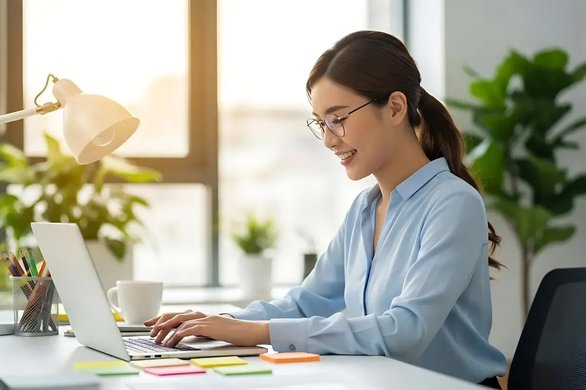Professional businesswoman entrepreneur working on laptop computer for LLC business formation and startup planning in modern office