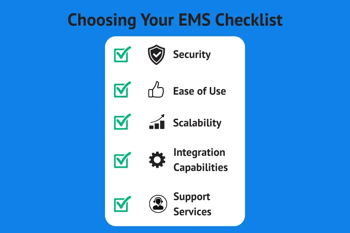 choosing-the-right-entity-management-system.webp Choosing EMS checklist showing entity management system selection criteria including security ease of use scalability integration capabilities and support services