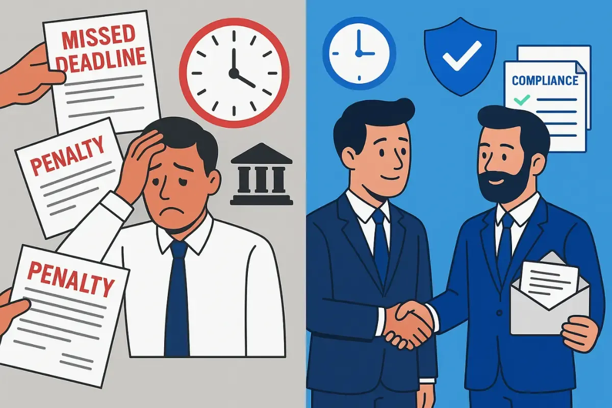 choosing-the-right-registered-agent.webp Comparison of missed compliance deadlines and penalties versus professional registered agent service ensuring timely compliance