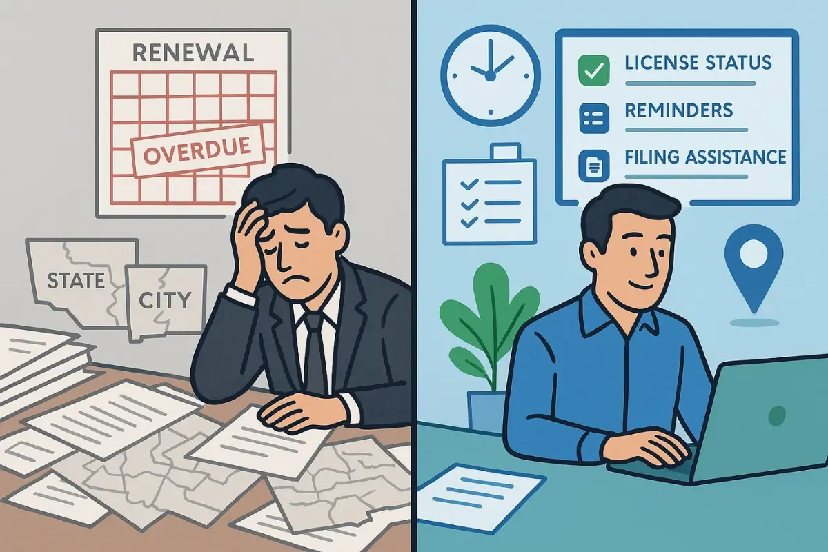 common-challenges-in-business-licensing.webp Comparison of missed business license renewals versus organized compliance management with reminders and tracking system