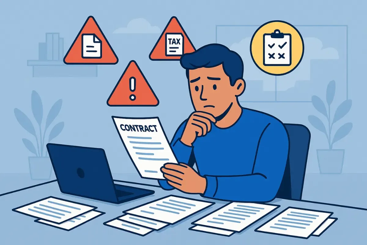 common-legal-missteps-new-entrepreneurs-make.webp Startup owner reviewing contracts and facing legal mistakes entrepreneurs make including tax and compliance issues