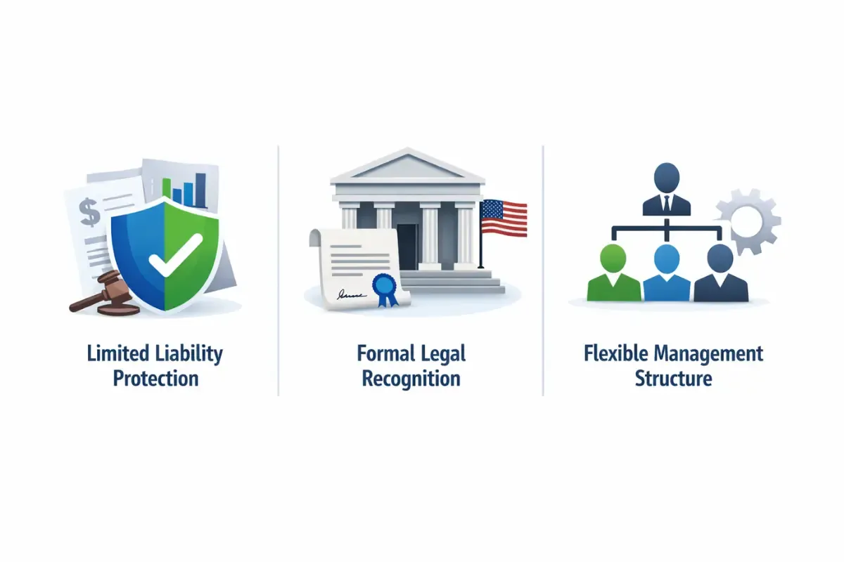 Common reasons businesses choose an LLC showing limited liability protection, formal legal recognition, and flexible management structure benefits over DBA.