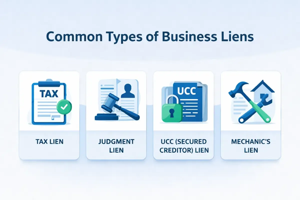 Infographic showing common types of business liens including tax lien, judgment lien, UCC secured creditor lien, and mechanic