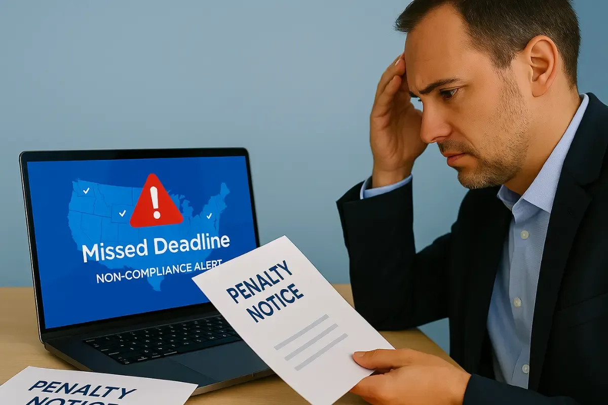 compliance-penalties-for-non-responsiveness.webp Business owner dealing with missed deadline penalty notice showing risks of being own registered agent and compliance challenges.