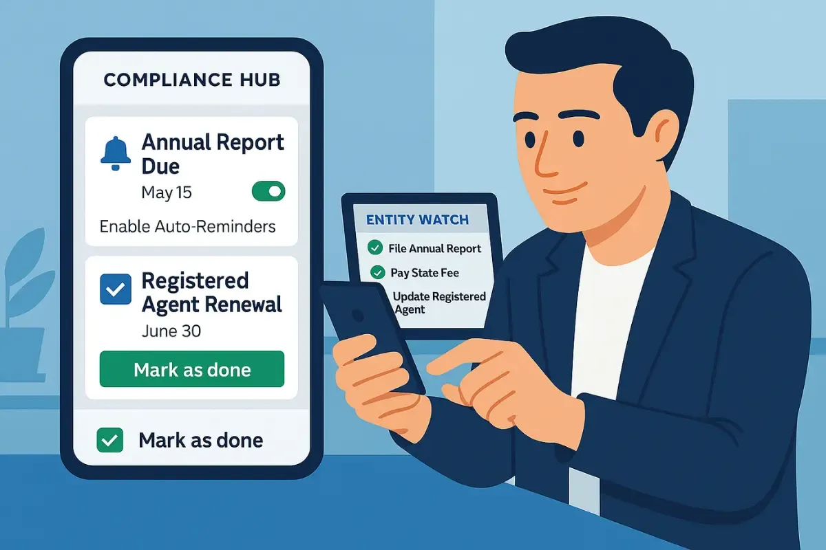 compliance-reminders.webp Business owner using compliance hub and EntityWatch for registered agent services showing annual report deadlines and registered agent renewal management.