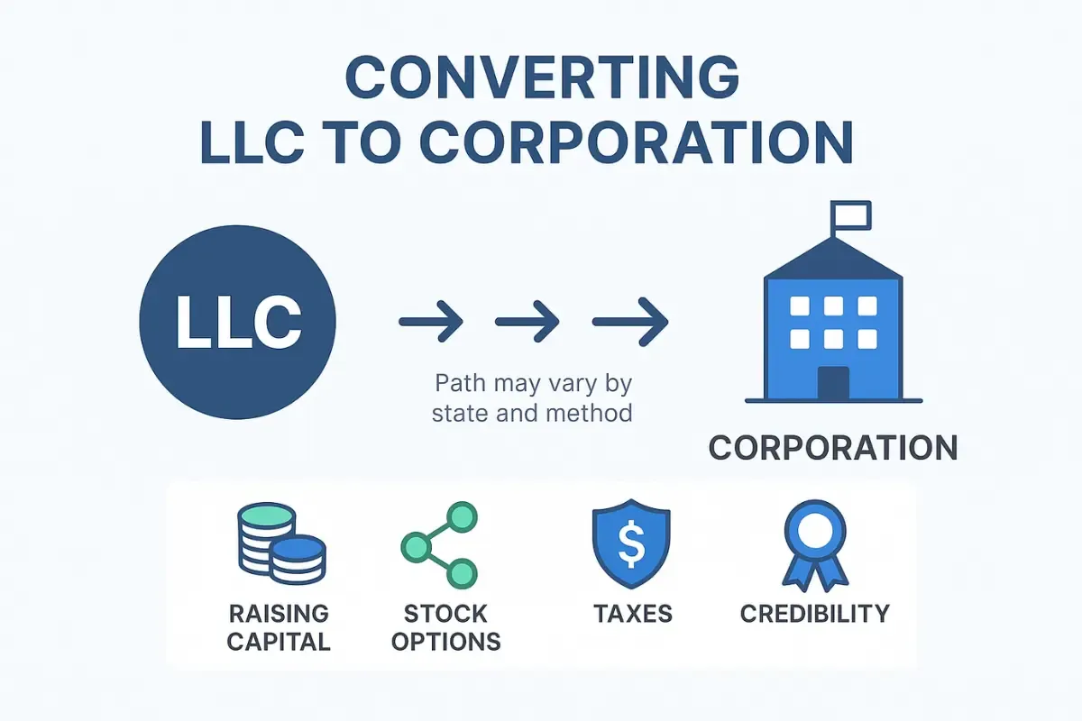 convert-an-llc-to-a-corporation.webp Infographic showing LLC to corporation conversion process with benefits including raising capital stock options taxes and credibility