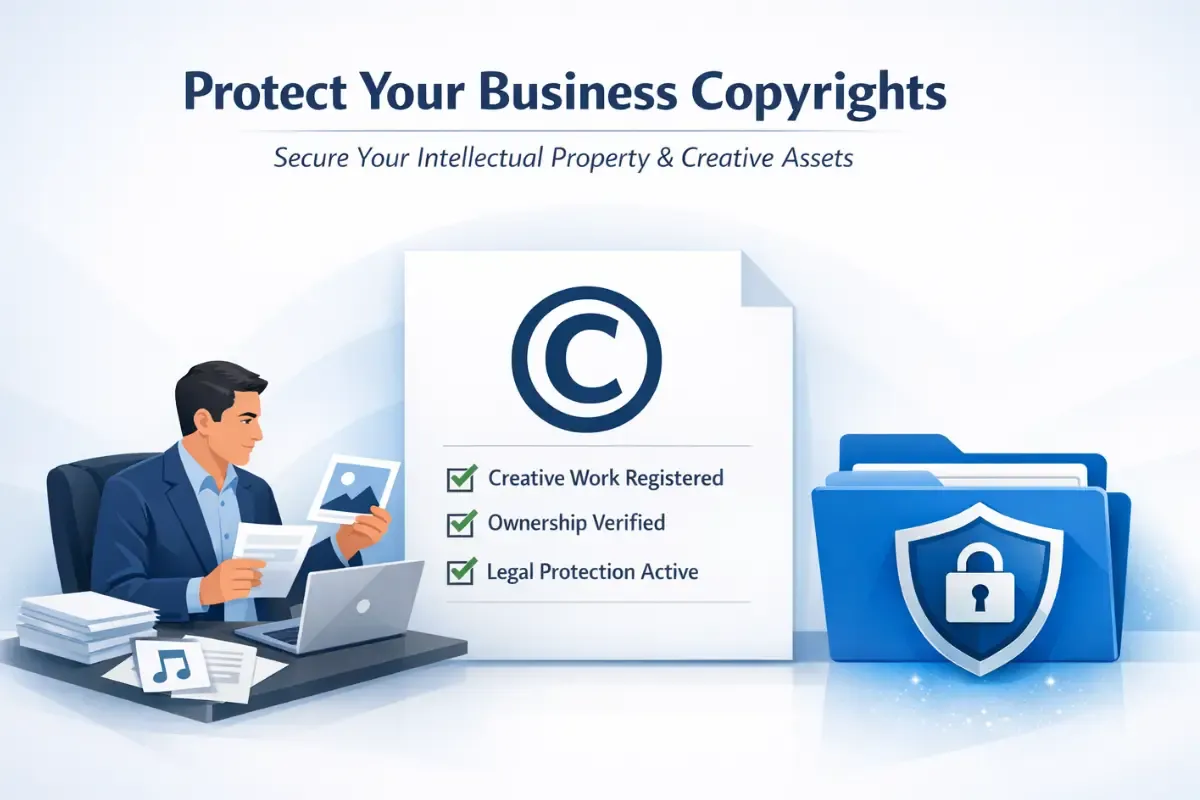 copyright-protection-for-businesses.webp Business owner protecting creative works legally with copyright registration showing verified ownership and active legal protection for intellectual property and digital content