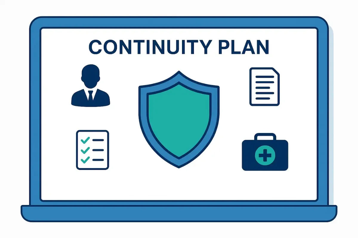core-components-of-a-business-continuity-plan.webp Digital business continuity planning dashboard on laptop with succession and legal compliance icons.