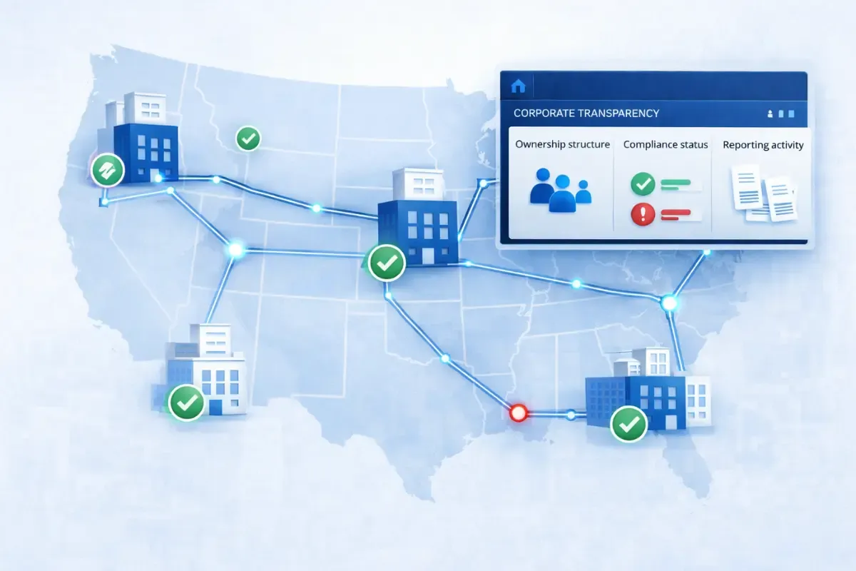 corporate-transparency.webp Corporate transparency dashboard displaying beneficial ownership reports, compliance deadlines, and entity oversight across U.S. states showing business compliance requirements under the Corporate Transparency Act