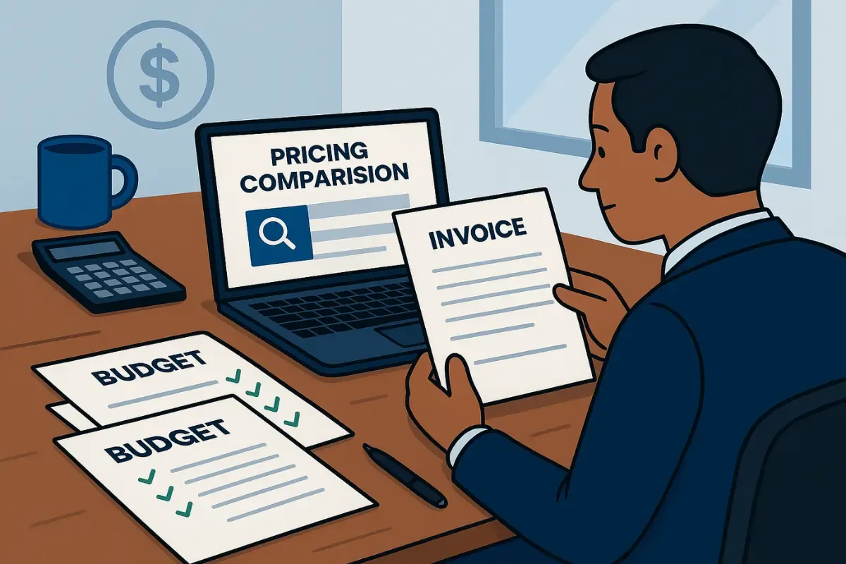 costs-of-hiring-a-registered-agent.webp Business owner calculating registered agent costs and budgeting for annual registered agent fees using pricing comparison and financial planning documents.