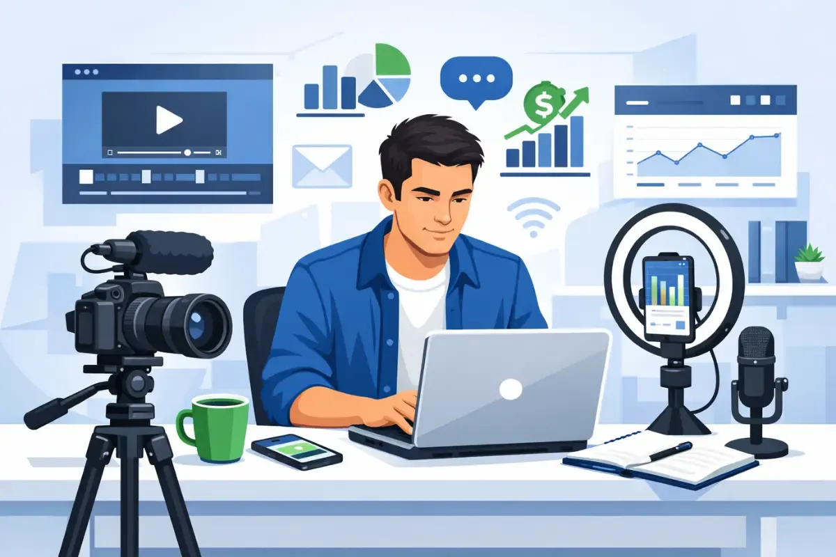 creator-economy-llc-business-structure.webp LLC for creators showing content creator in creator economy setting up business formation with professional equipment