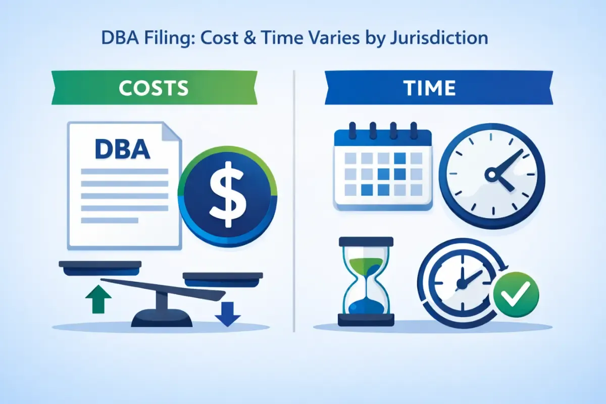 dba-filing-costs-and-processing-time.webp How to file a DBA name step by step process showing fill out form conduct name search submit to filing authority and receive approval for DBA registration.