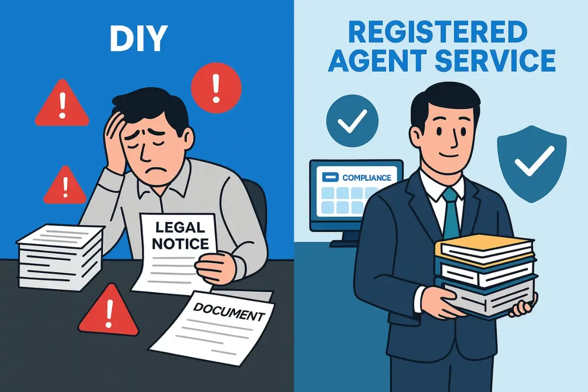 decide-between-individual-or-professional-service.webp Comparison of DIY registered agent challenges versus professional registered agent service benefits for business compliance
