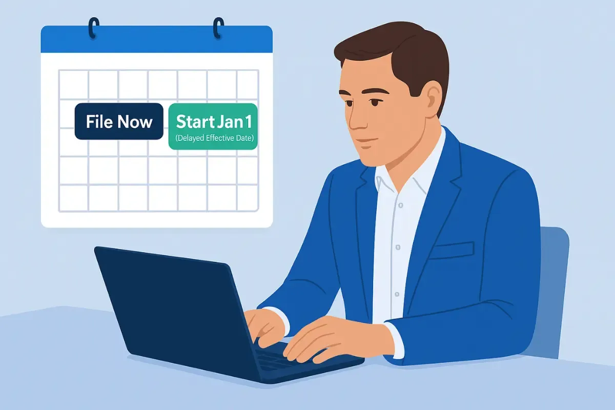 delayed-effective-date-llc.webp Business owner planning delayed effective date LLC filing with January 1 start date for future effective date strategy.
