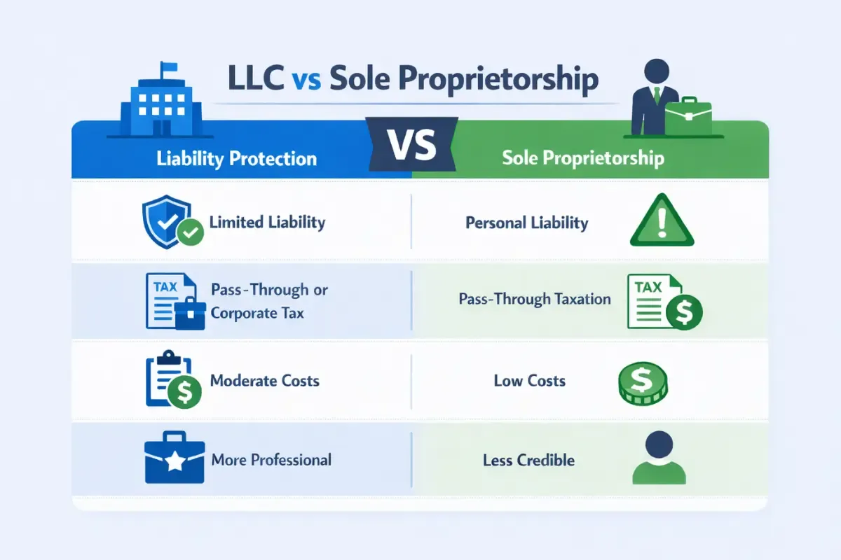 differences-between-llc-and-sole-proprietorship.webp Pros and cons of LLC vs sole proprietorship showing LLC liability protection versus sole proprietorship personal liability tax benefits and formation costs.
