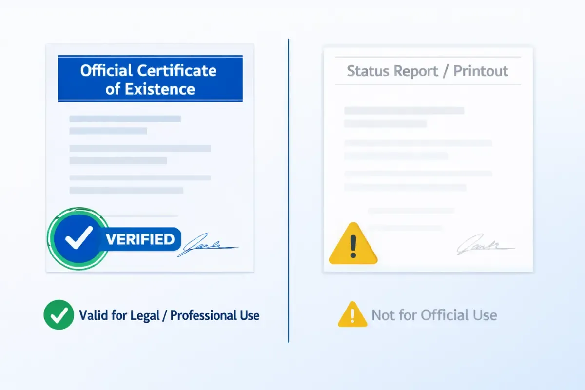 differentiating-between-official-certificates-and-status-reports.webp Comparison of official certificate of existence verified for legal use versus a status report printout not valid for official business good standing documentation