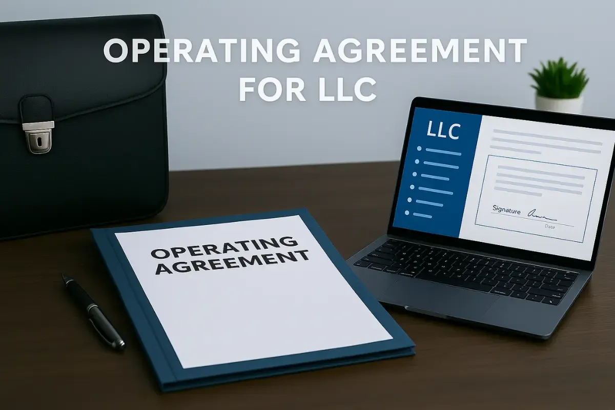 do-i-need-an-operating-agreement-for-my-llc-img.webp Professional office setup with an LLC operating agreement, laptop screen showing a business checklist, and a clean desk background.