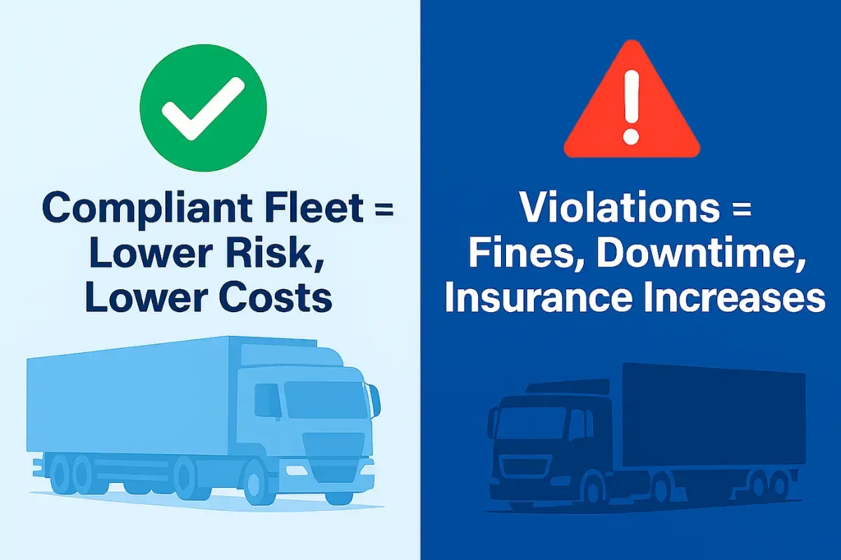 dot-compliance-cost-of-noncompliance.webp Comparison of compliant versus non-compliant trucking operations showing fines, downtime, and insurance cost increases.