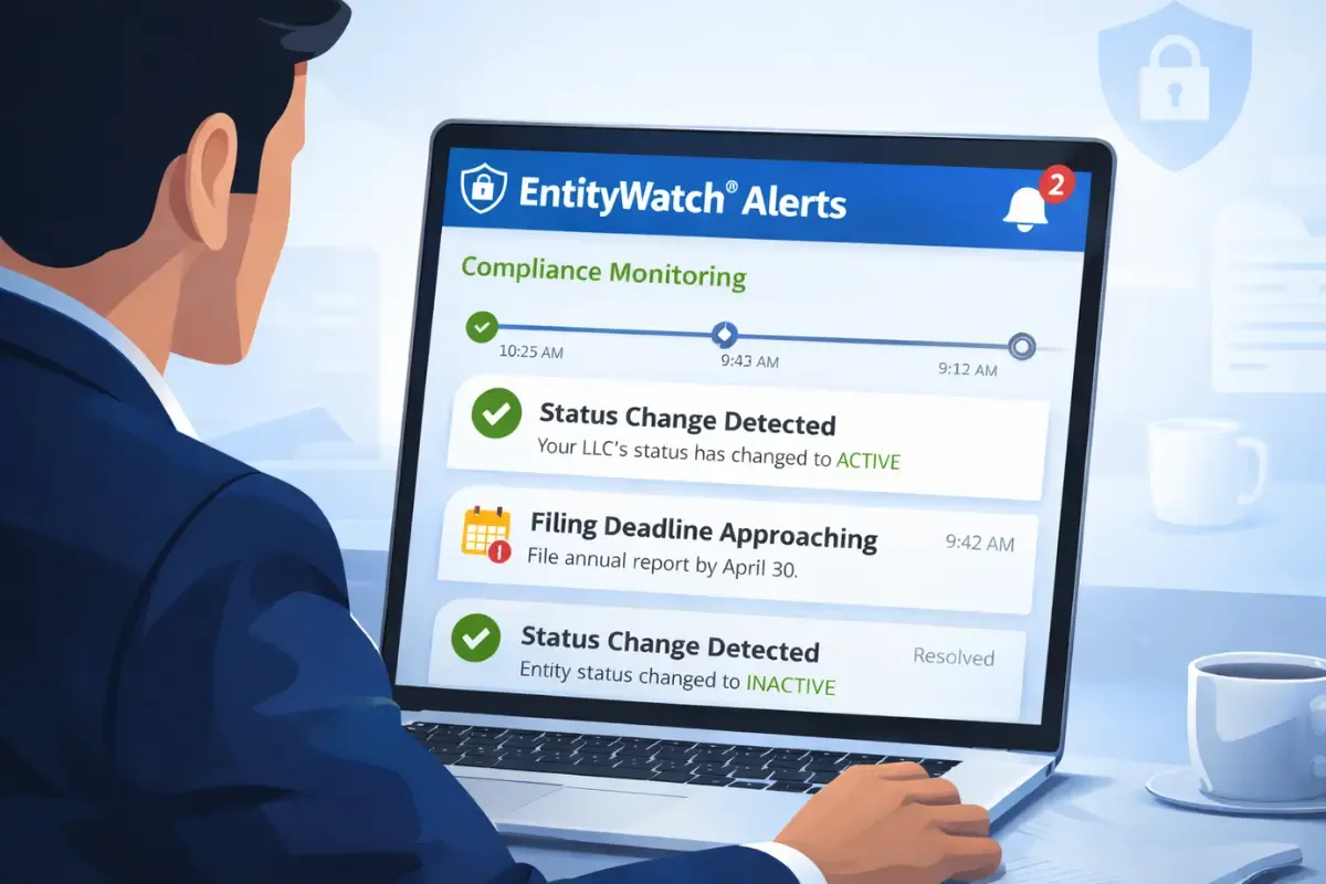 EntityWatch compliance automation tools showing real-time alerts for status changes filing deadlines and corporate compliance tracking to avoid penalties.