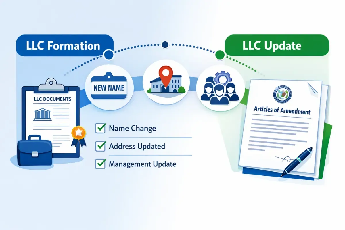 How to file Articles of Amendment to update LLC showing name change, address updated, management update, and LLC registered agent change process with filing fees.